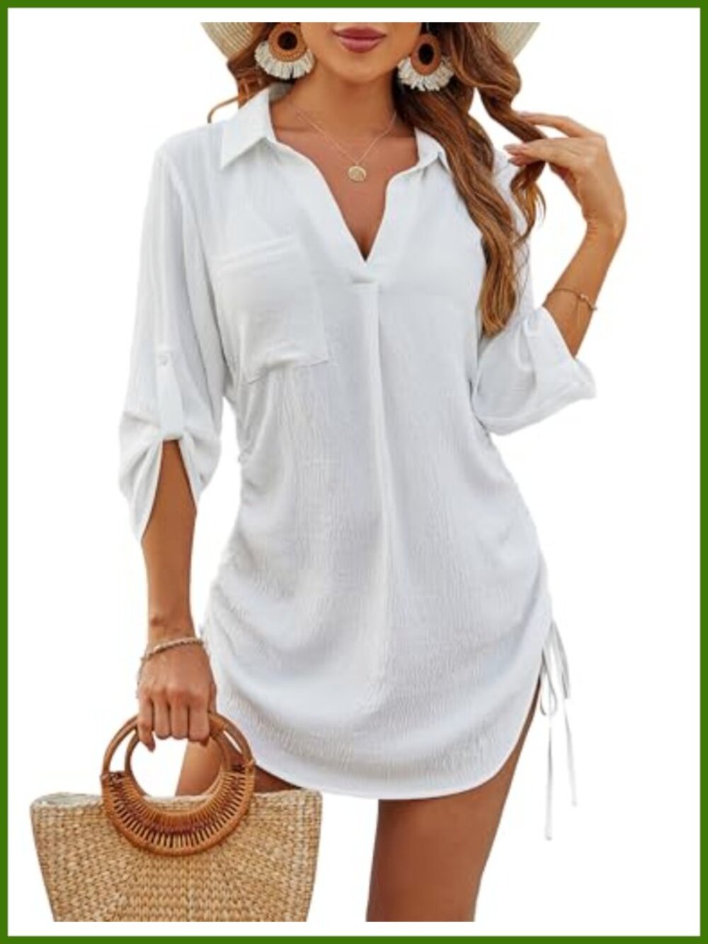 Womens Bathing Suit Cover Up Drawstring Bikini Beach Dress Polyester Spandex